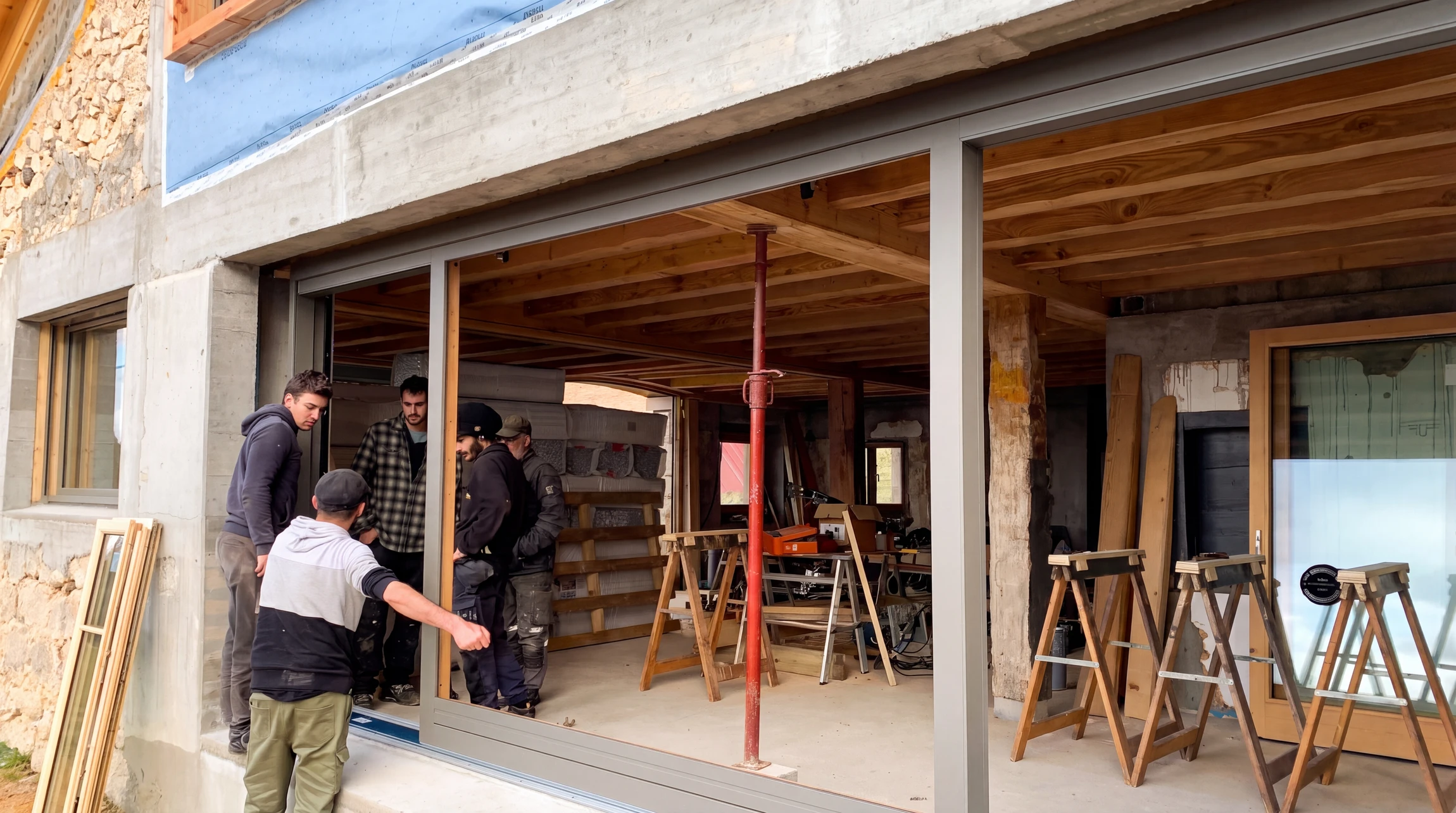 Chantier de rénovation intérieure, vue sur rue depuis une pièce en travaux