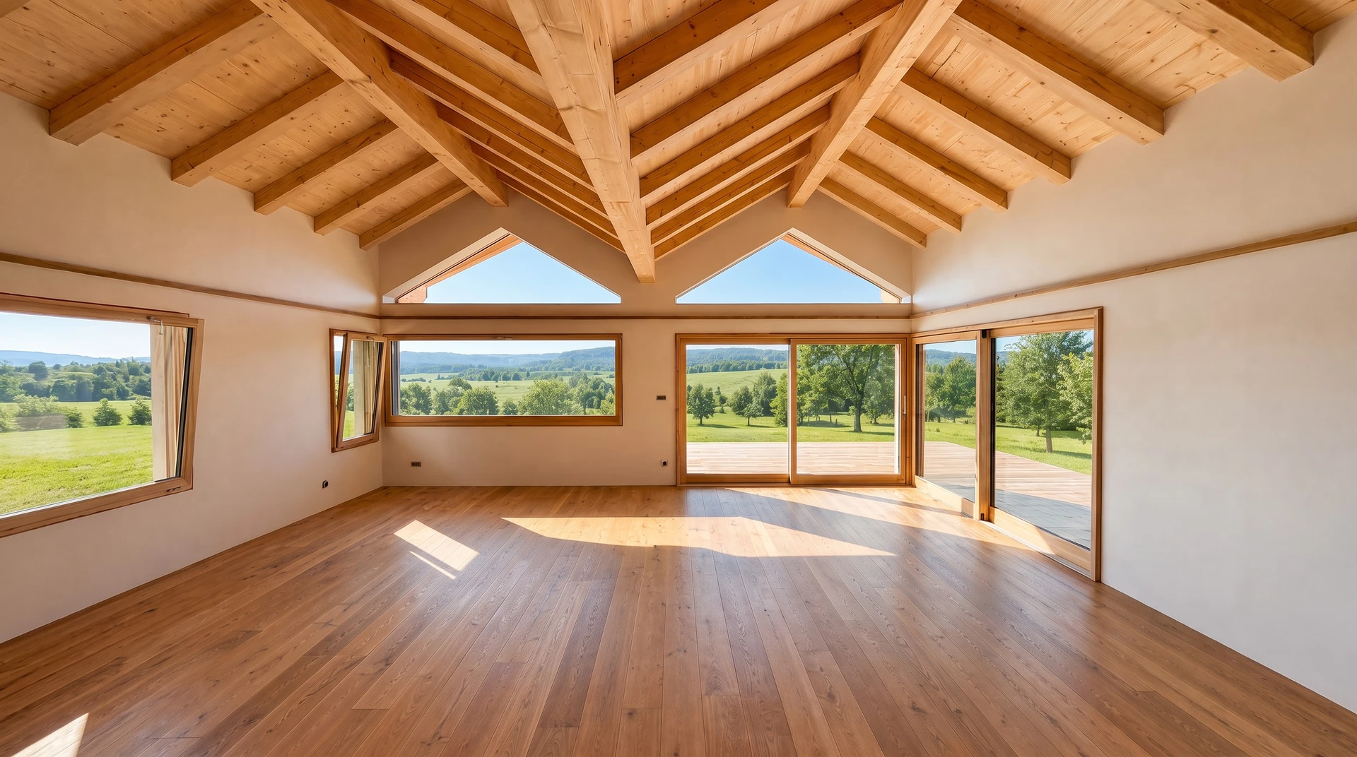 Chantier de rénovation extérieur, quatre ouvriers en vêtements de travail installent un système de baie vitrée coulissante à châssis aluminium gris anthracite