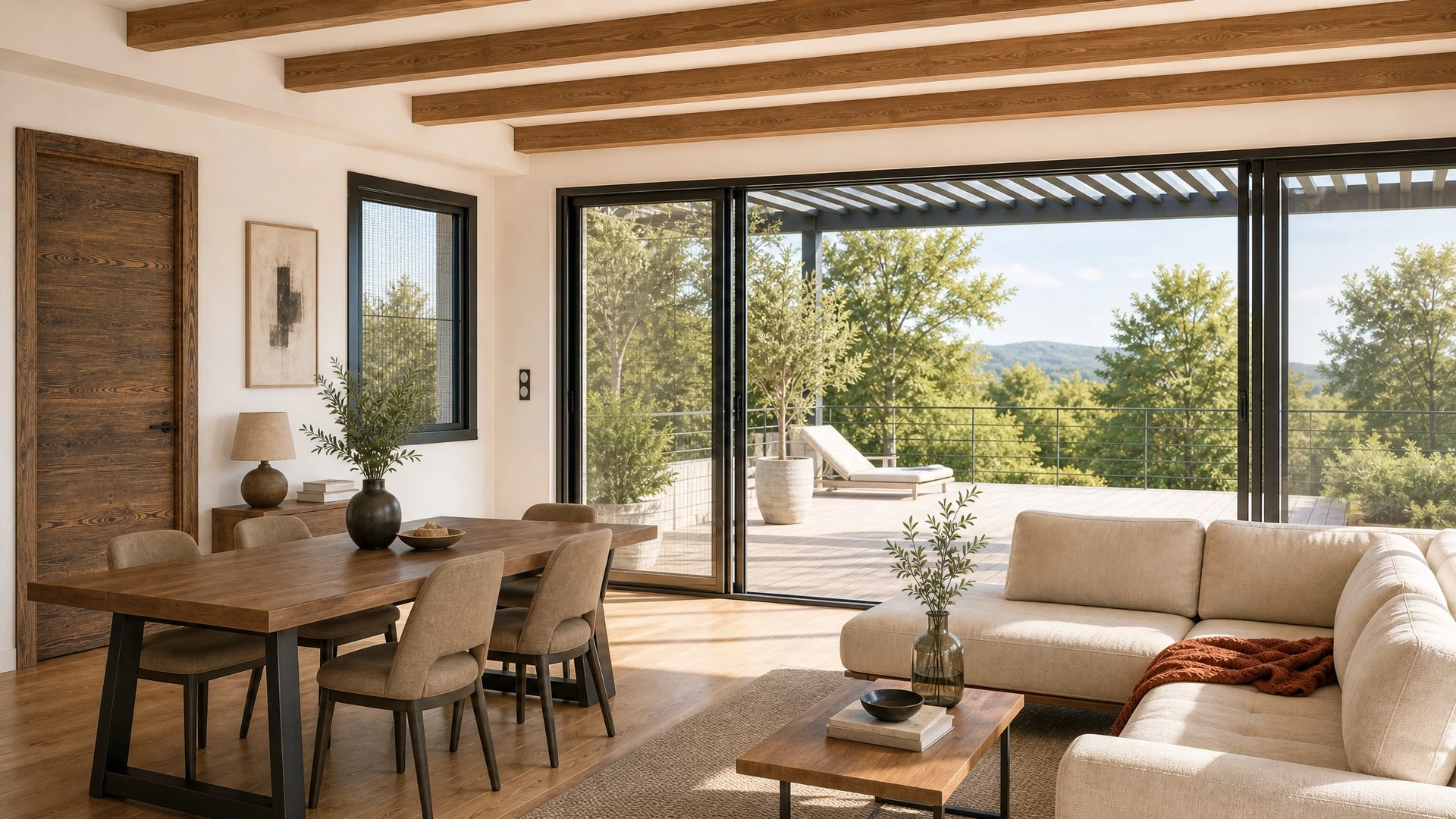 Pièce vide lumineuse avec baies vitrées coulissantes d'angle en bois naturel, ouvrant sur une terrasse en bois composite