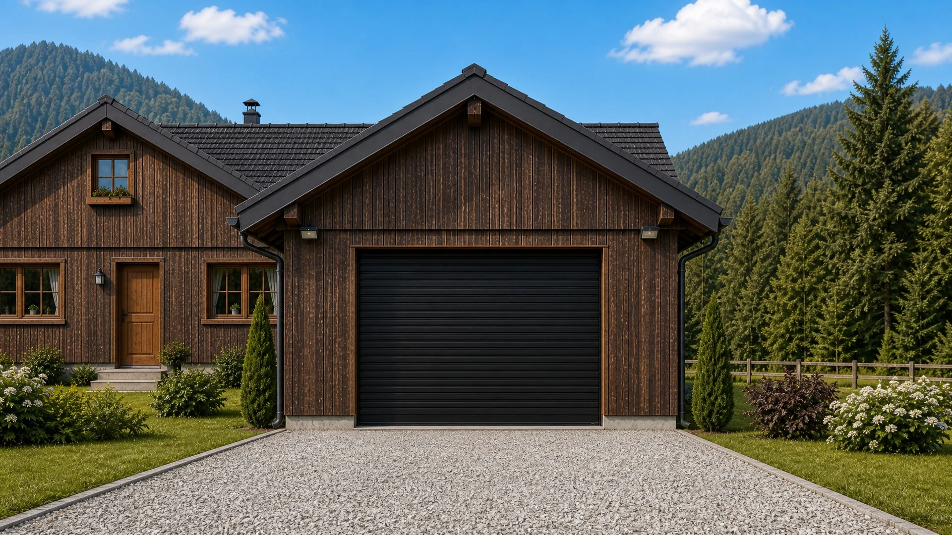 Garage extérieur avec porte enroulable métallique anthracite, encadrée de bois massif vieilli